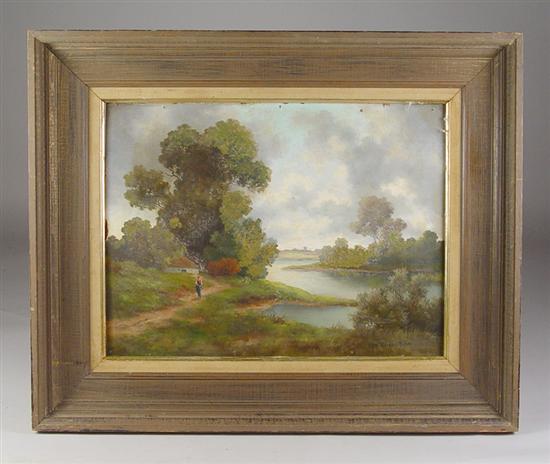 Appraisal: Oil on Masonite Landscape th Century Landscape with river and