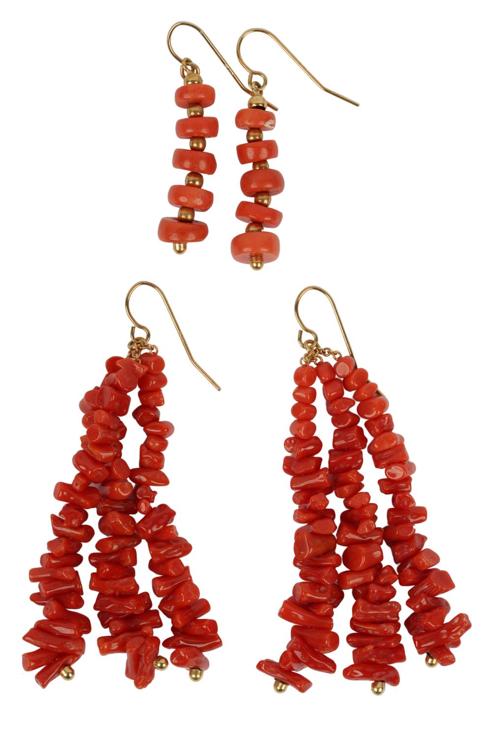 Appraisal: TWO PAIRS OF KARAT YELLOW GOLD CORAL DROP EARRINGSone pair