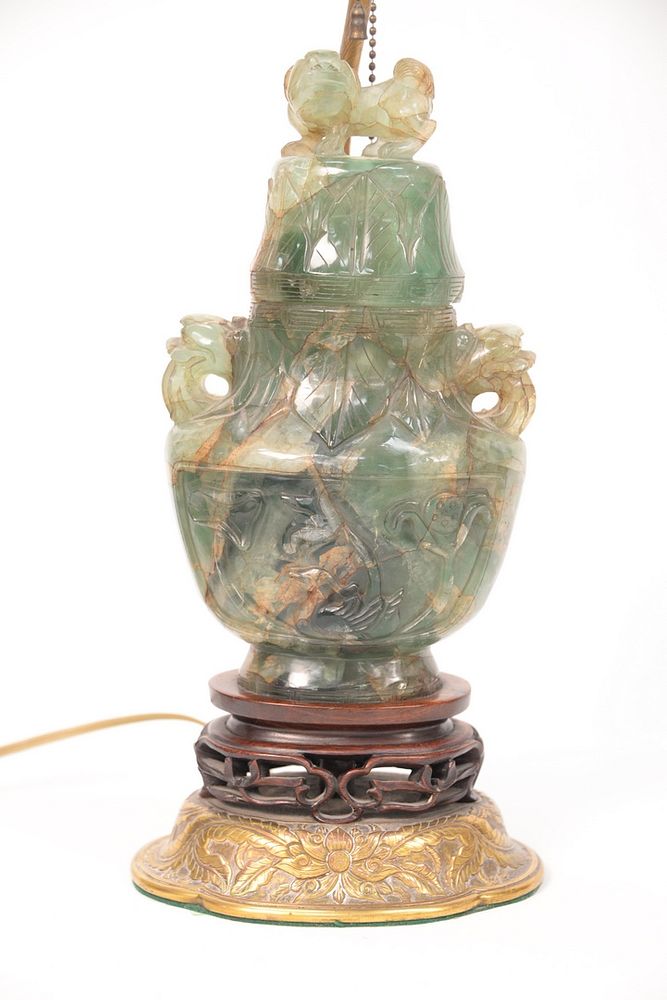 Appraisal: Chinese Green Quartz Urn having Foo Dog finial and handles