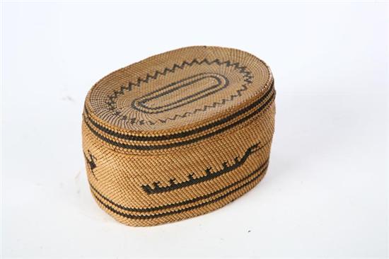 Appraisal: MAKAH LIDDED BASKET Mid th century woven grass Oval with