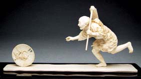 Appraisal: ANTIQUE IVORY OKIMONO Antique and very amusing sectional ivory okimono