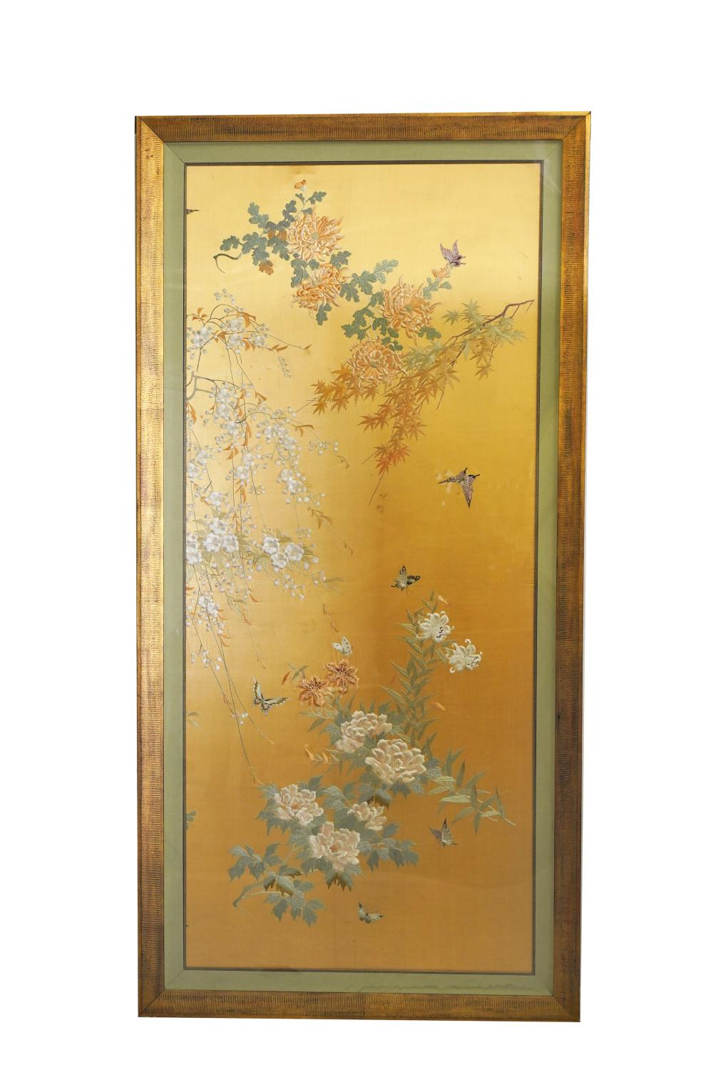 Appraisal: LARGE CHINESE FLORAL EMBROIDERYworked in silk framed under acrylic Provenance