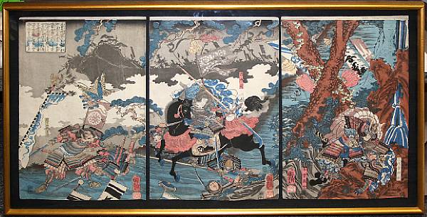 Appraisal: Kuniyoshi - One oban tate-e triptych Depicting a scene from