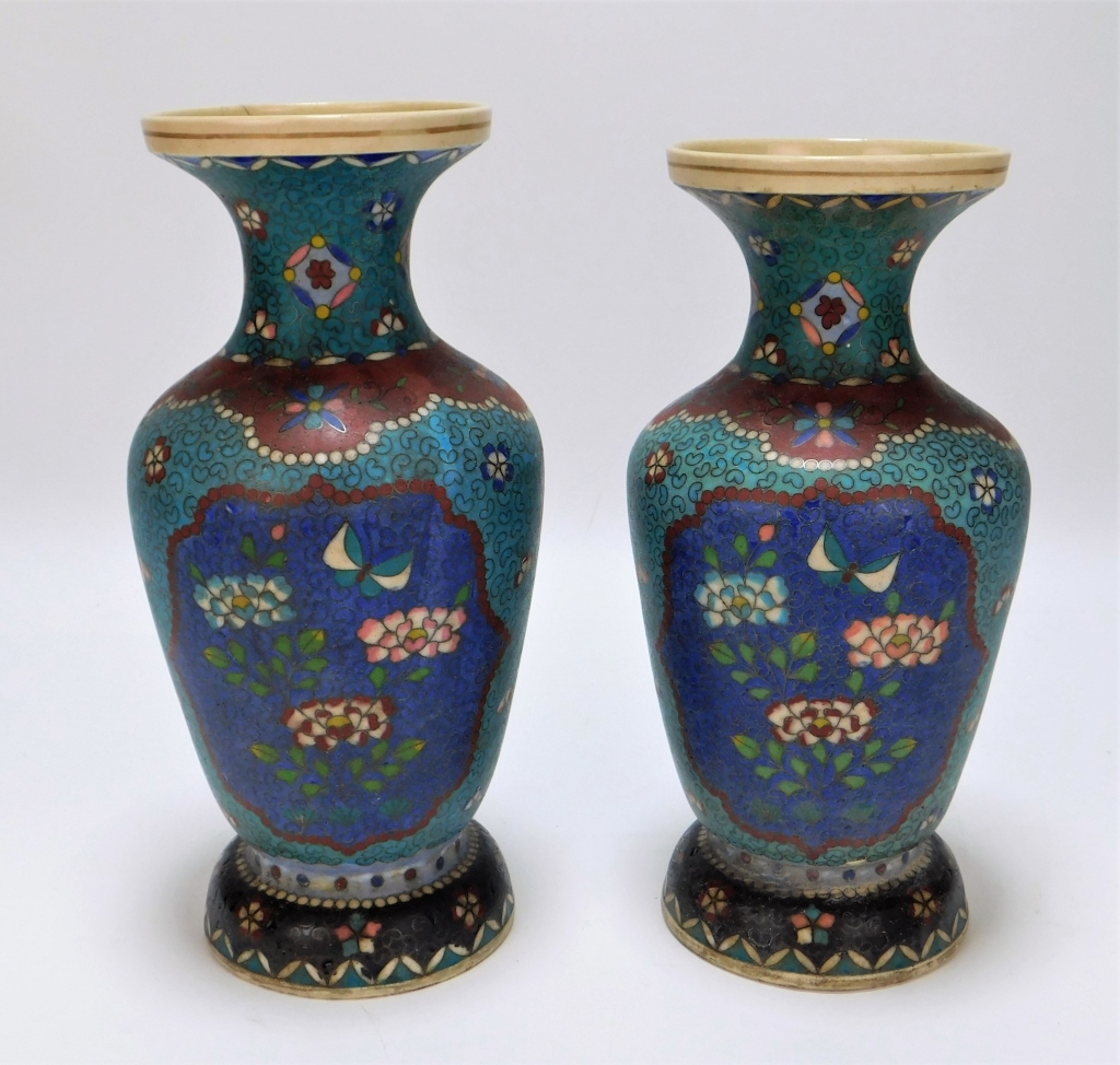 Appraisal: PR JAPANESE CLOISONNE FLORAL BALUSTER VASES Japan Early th CenturyDecorated