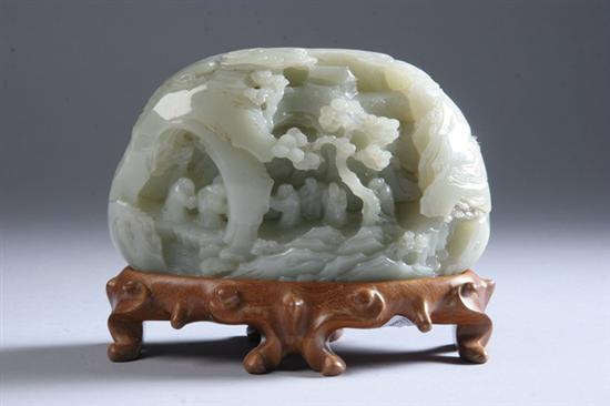 Appraisal: CHINESE CELADON JADE MOUNTAIN Qing Dynasty Carved with six dignitaries