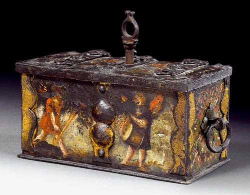 Appraisal: SMALL PAINTED IRON CASKET Renaissance German th century The front