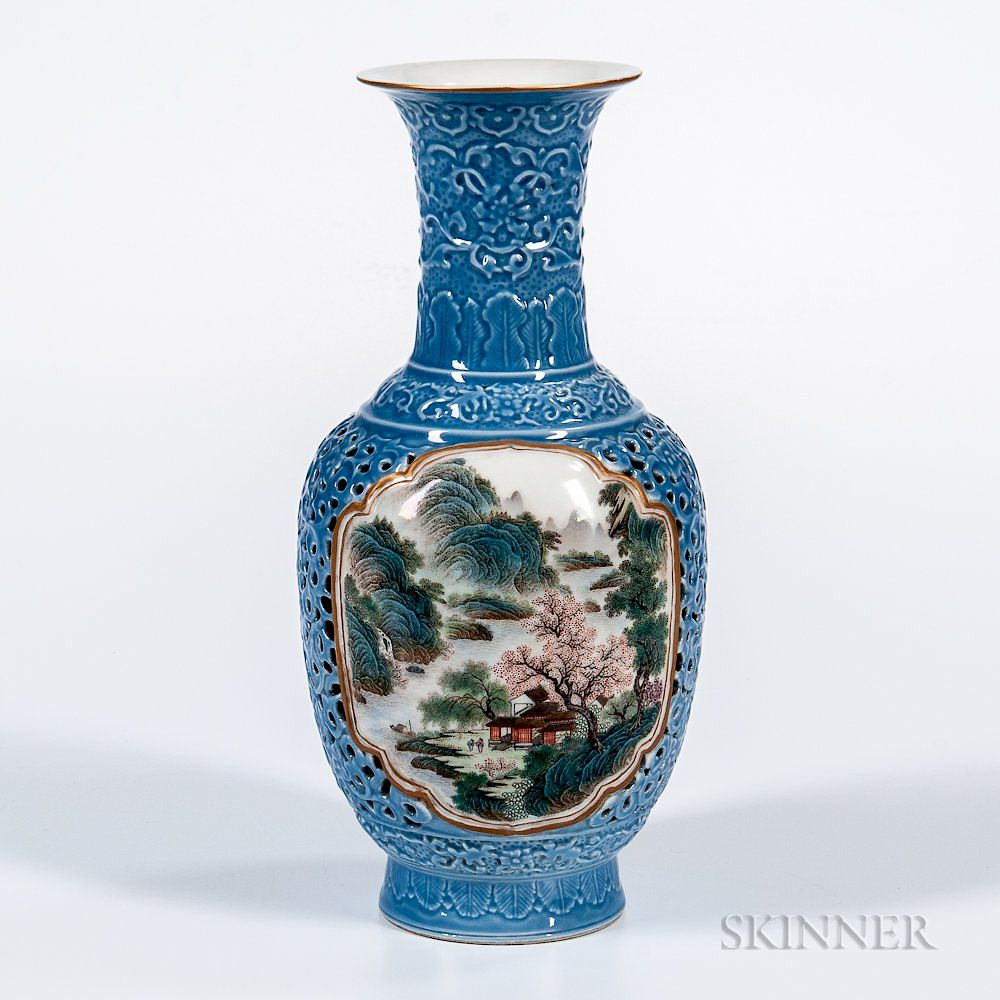 Appraisal: Reticulated Famille Rose Sky Blue Vase Reticulated Famille Rose Sky