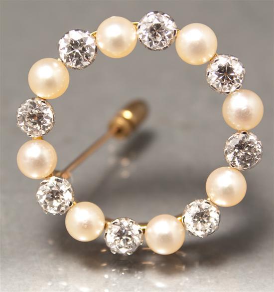 Appraisal: Lady's unmarked yellow gold diamond and pearl circle-form brooch diamonds