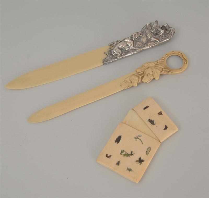 Appraisal: TWO FAUX IVORY PAGE CUTTERS AND AN INLAID CALLING CARD