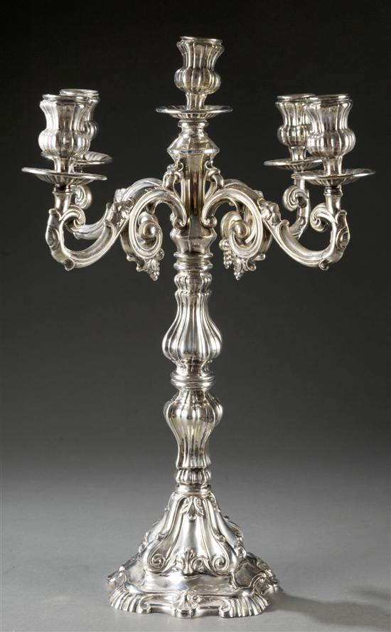 Appraisal: Continental five arm sterling silver candelabrum th century Baluster form