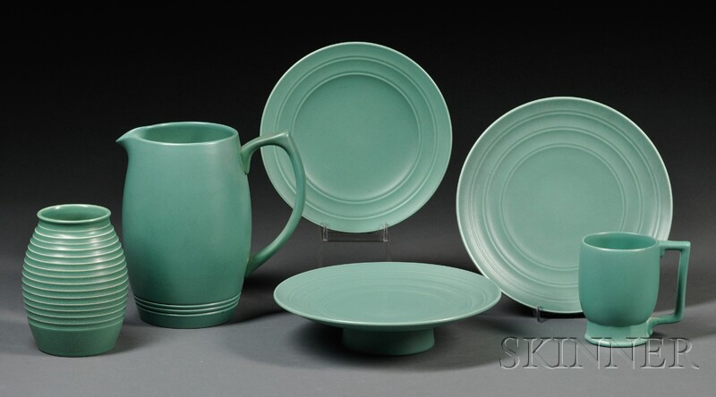 Appraisal: Six Wedgwood Matte Green Glazed Keith Murray Design Items England