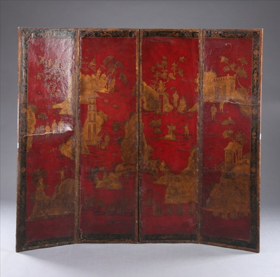 Appraisal: CHINOISERIE DECORATED LEATHER FOUR-PANEL FOLDING FLOOR SCREEN th century With