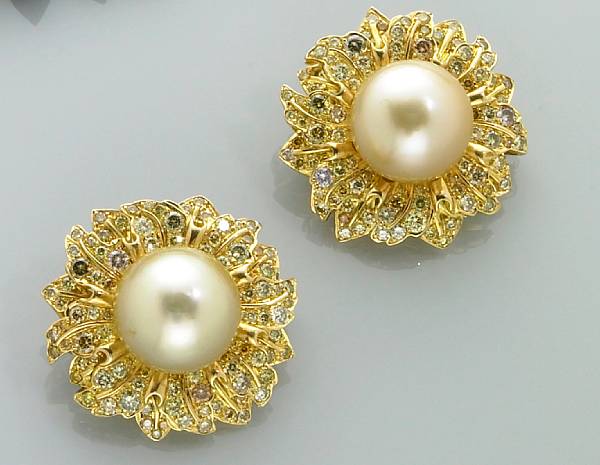 Appraisal: Pair of Natural Golden Color Cultured Pearl and Diamond Brooches