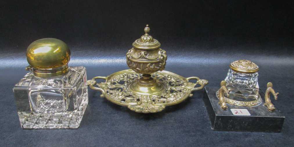 Appraisal: THREE FRENCH INKWELLS the first having double sided pierced brass