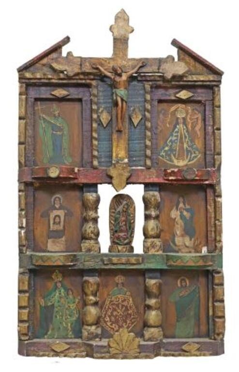 Appraisal: Carved and painted religious wall hanging Mexico featuring a central