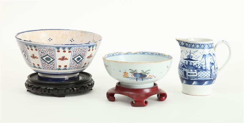 Appraisal: ENGLISH POLYCHROME DELFT BOWL ANOTHER DELFT BOWL AND A PEARLWARE