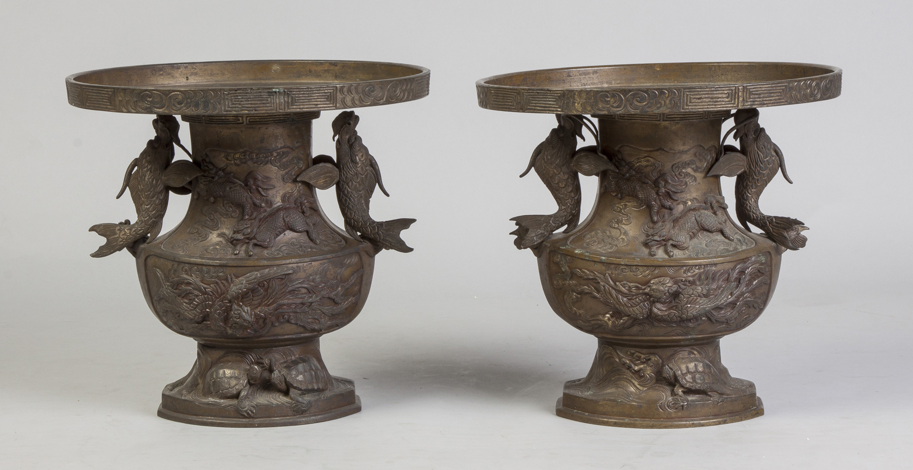 Appraisal: Japanese Bronze -Piece Vases C With birds dragons turtles fish