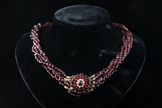 Appraisal: ANTIQUE GARNET BEAD NECKLACE Five-strand necklace with elaborate garnet and