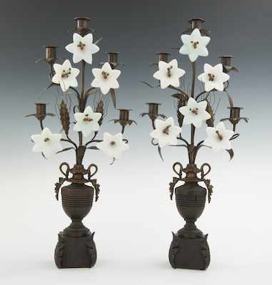 Appraisal: A Pair of German Wheat and Freesia Five-Light Candelabra Urn