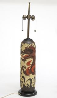 Appraisal: Vintage Japanese Incised Ceramic Lamp ca s Depicting an enormous