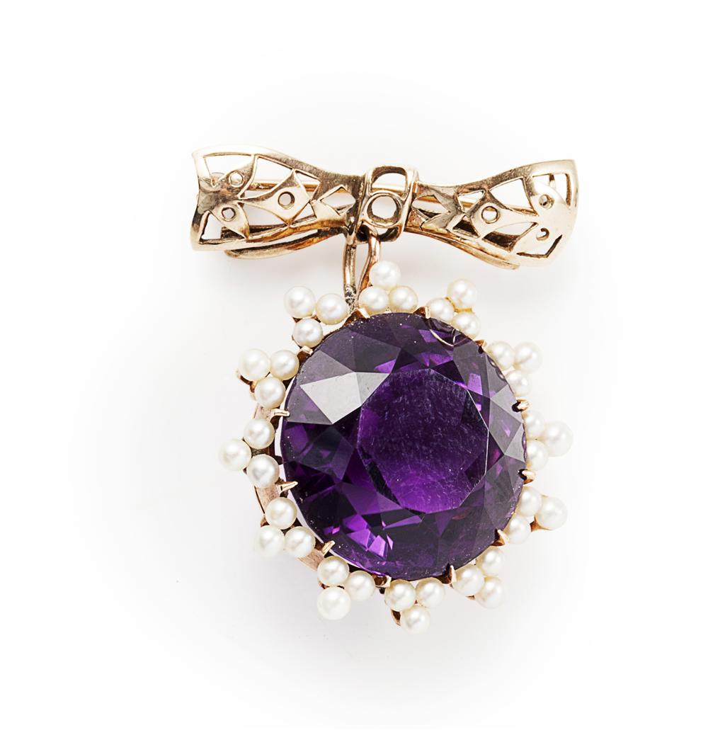 Appraisal: A pearl and amethyst brooch the circular cut amethyst set