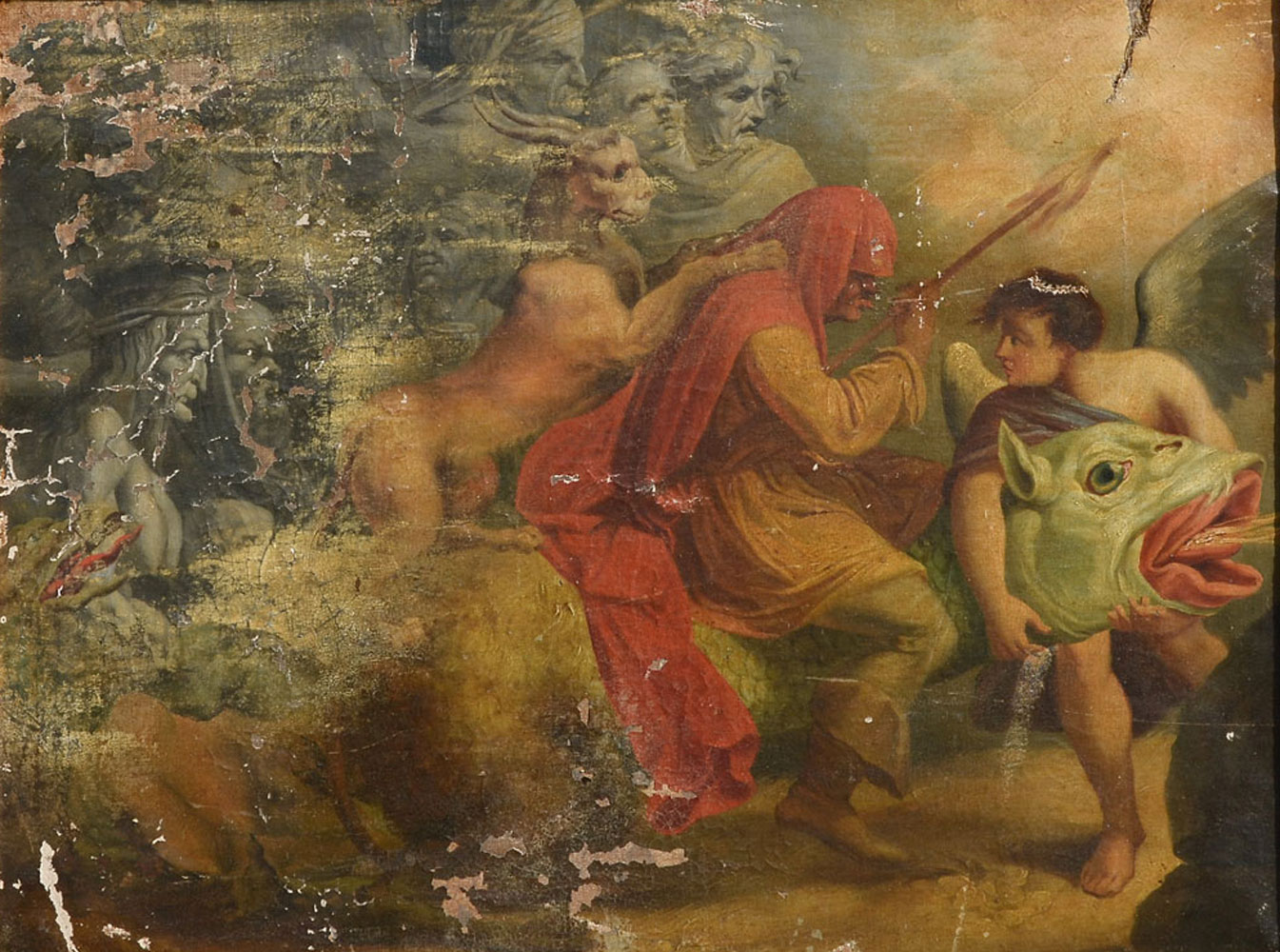 Appraisal: EARLY UNUSUAL MYTHOLOGICAL PAINTING Scene Depicts Several Mythological Creatures with