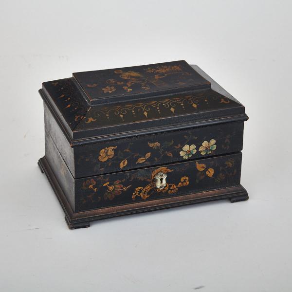 Appraisal: Paint Decorated Black Lacquered Tea Caddy th century opening to