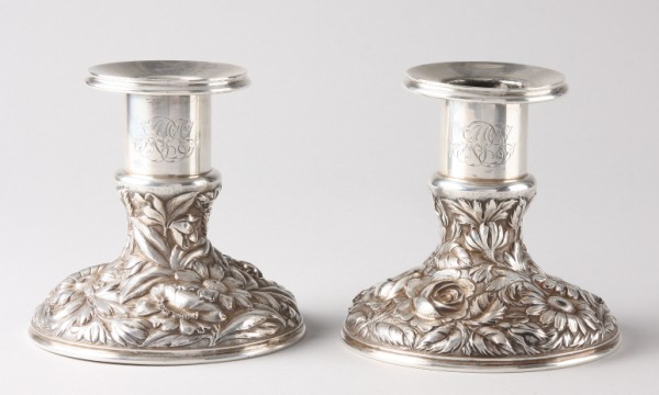 Appraisal: Pair of hand chased Stieff sterling silver Baltimore Rose console