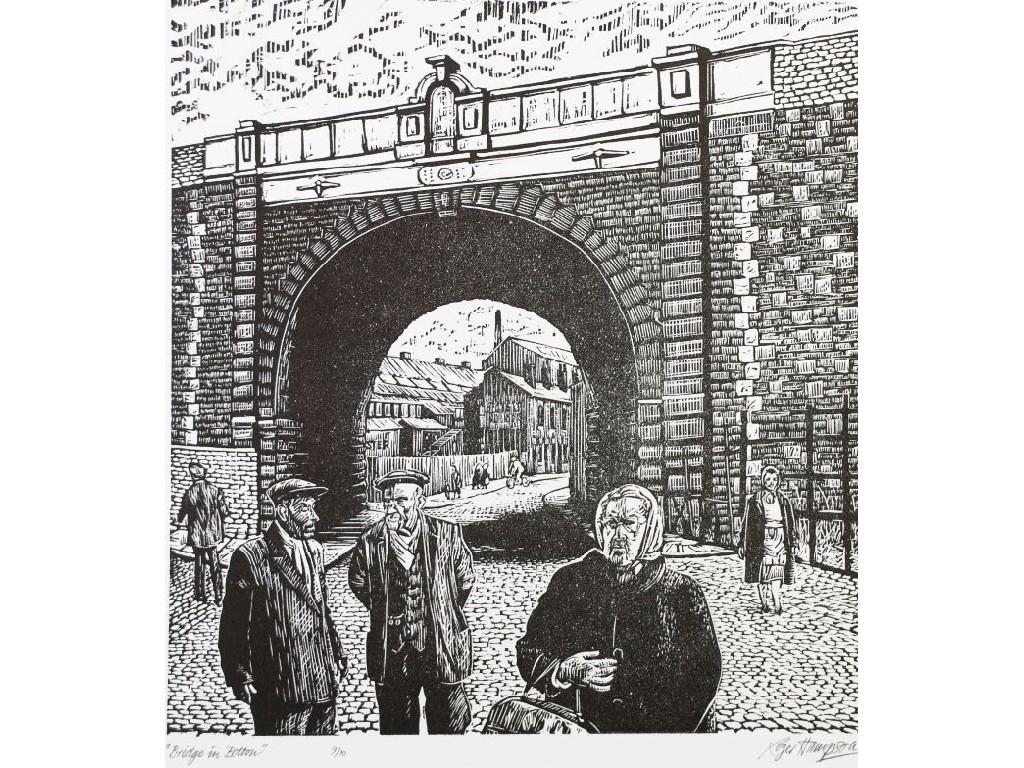 Appraisal: ROGER HAMPSON - LINO CUT'Bridge in Bolton'signed and titled in