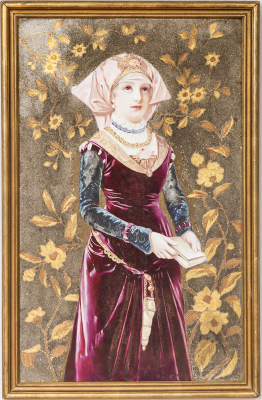 Appraisal: CONTINENTAL PAINTED GLASS PANEL Depicting medieval maiden holding a book