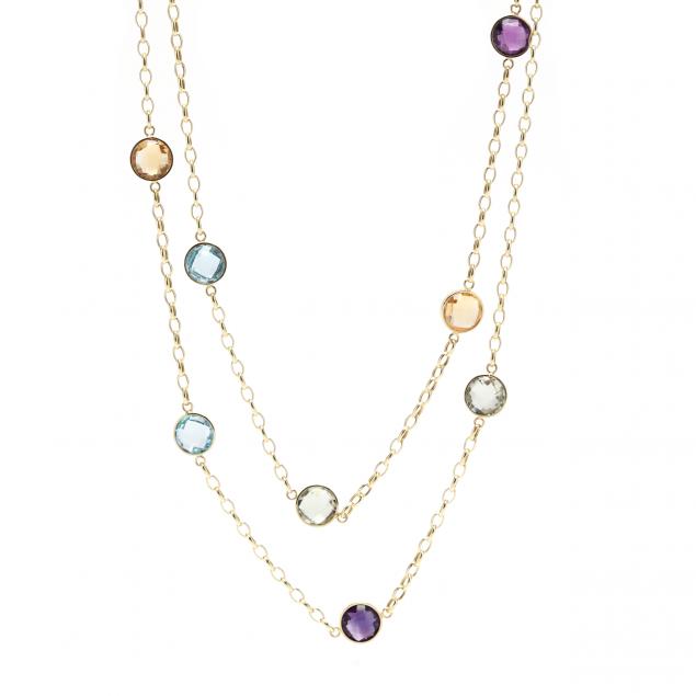 Appraisal: Gold and Gem-Set Station Necklace The rolo link chain with