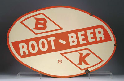 Appraisal: B K ROOT BEER SIGN Large oval orange and cream