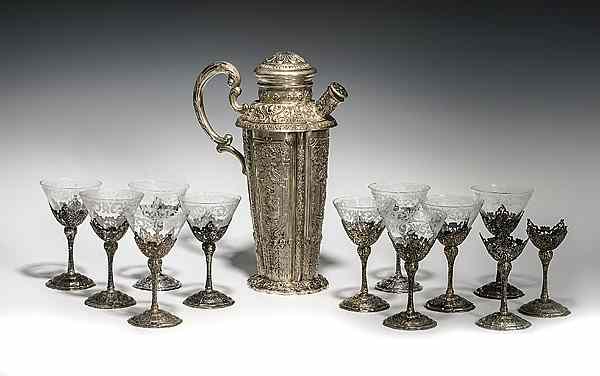 Appraisal: German Silver Martini Pitcher with Etched Cocktail Glasses German th