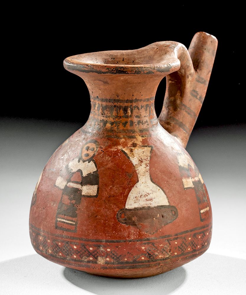 Appraisal: Inca Polychrome Pouring Aryballos Vessel w Figures Pre-Columbian Northern Peru