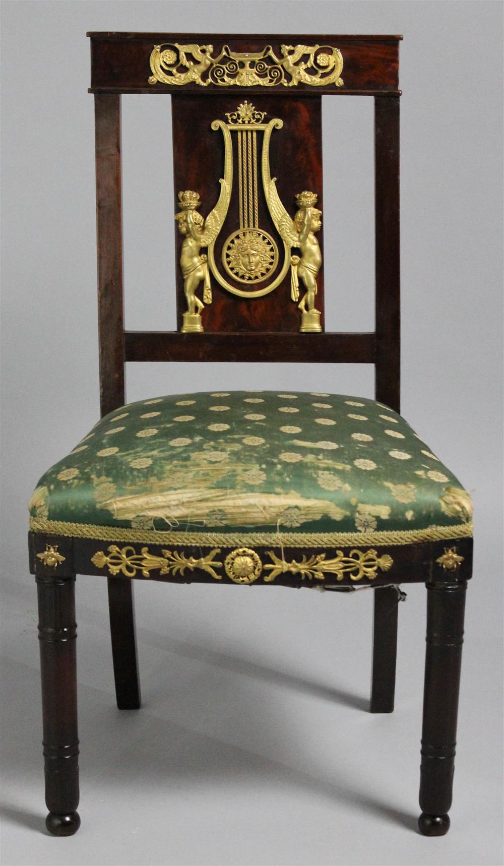 Appraisal: EMPIRE STYLE ORMOLU MOUNTED MAHOGANY CHAIR th Century with green