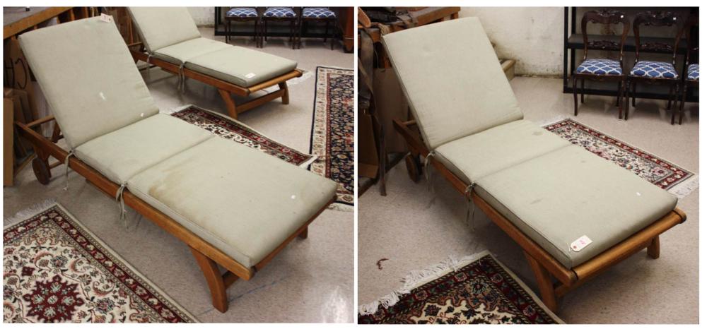 Appraisal: CLASSIC PAIR OF TEAK PATIO CHAISE LOUNGES WITH CUSHIONS Kingsley-Bate