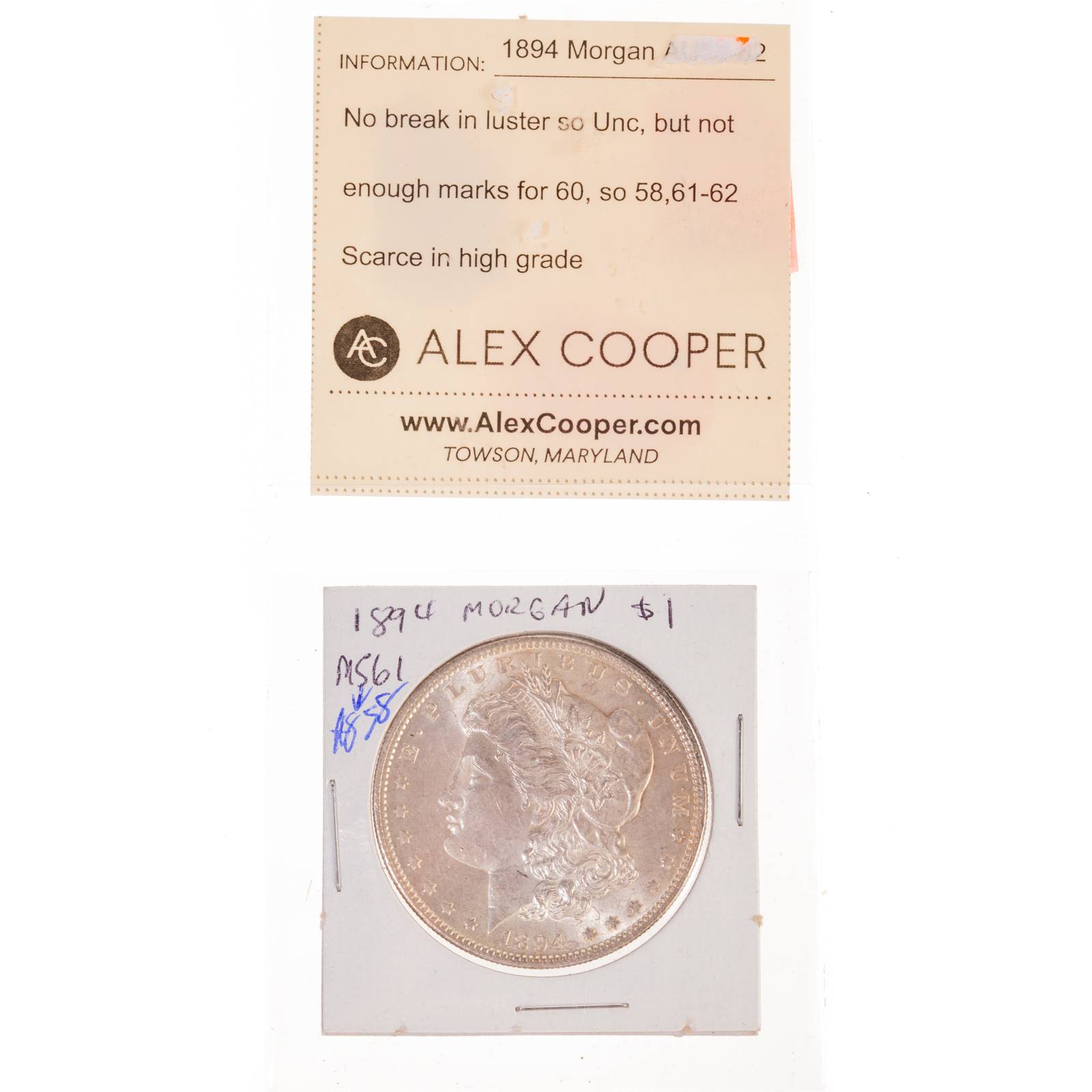 Appraisal: MORGAN DOLLAR MS - KEY DATE Full luster surface marks