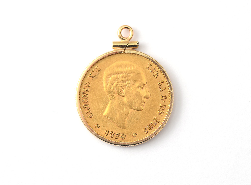 Appraisal: SPANISH PESETAS GOLD COIN IN BEZEL gold coin Espana in