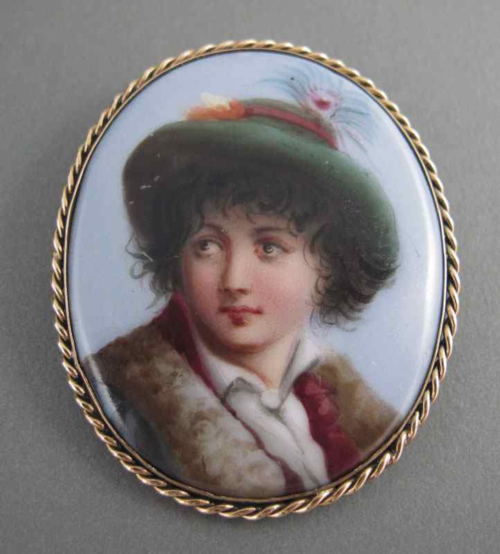 Appraisal: HAND PAINTED PORCELAIN PORTRAIT BROOCH k yellow gold twisted rope