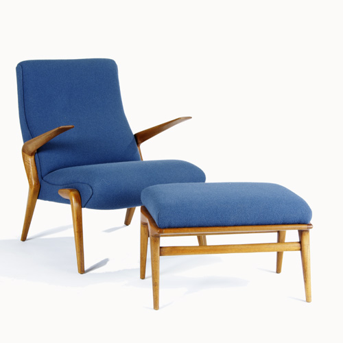 Appraisal: BONSAI Lounge chair and ottoman with blue fabric upholstery on