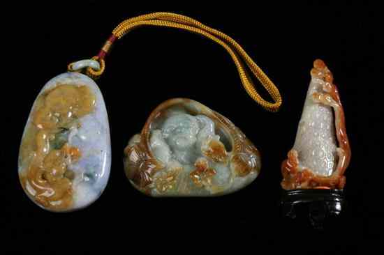 Appraisal: THREE CHINESE LAVENDER AND RUSSET JADEITE CARVINGS - Largest in