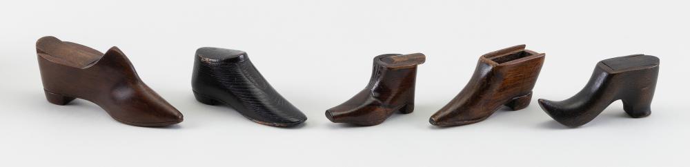 Appraisal: FIVE ENGLISH CONTINENTAL SHOE-FORM TREEN SNUFF BOXES TH CENTURY LENGTHS