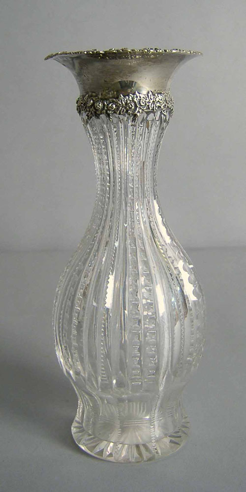 Appraisal: Cut glass vase with sterling silver mount h