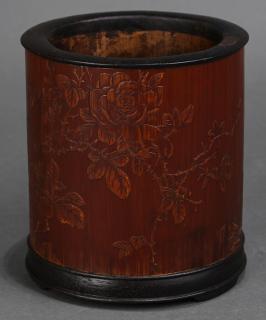 Appraisal: Chinese Bamboo Brush Pot Rose Chinese bamboo brush pot carved