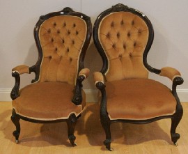 Appraisal: Two Victorian mahogany and velvet upholstered grandfather chairs