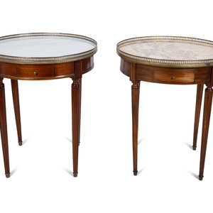 Appraisal: Two Louis XVI Style Mahogany Marble-Top Bouillotte Tables TH CENTURY