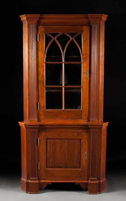 Appraisal: Federal walnut glazed panel architectural corner cupboard first quarter- th