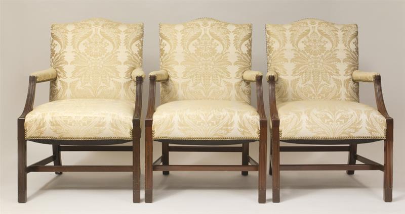 Appraisal: Three George III Style Carved Mahogany Library Armchairs x x