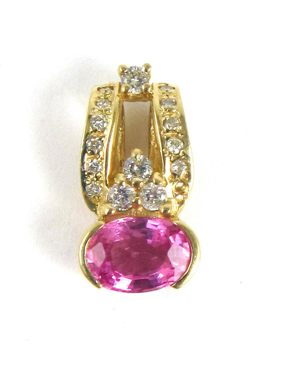 Appraisal: PINK SAPPHIRE DIAMOND AND FOURTEEN KARAT GOLD PENDANT with round-cut