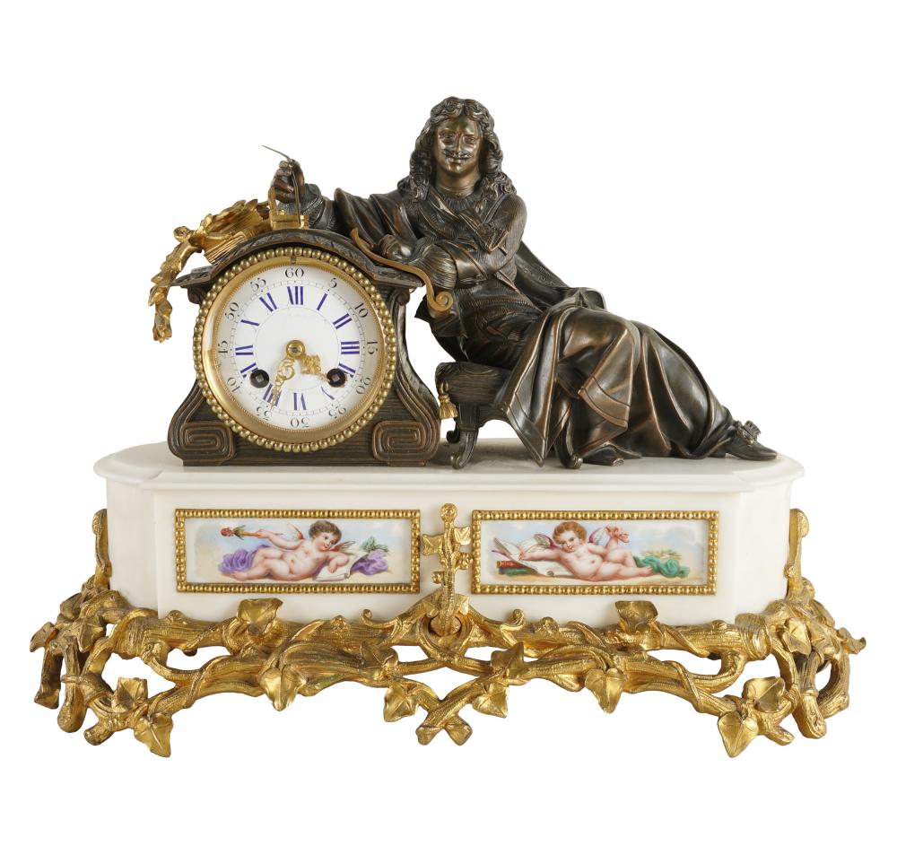 Appraisal: BRONZE MARBLE MANTEL CLOCKunsigned Condition chips to dial pendulum present